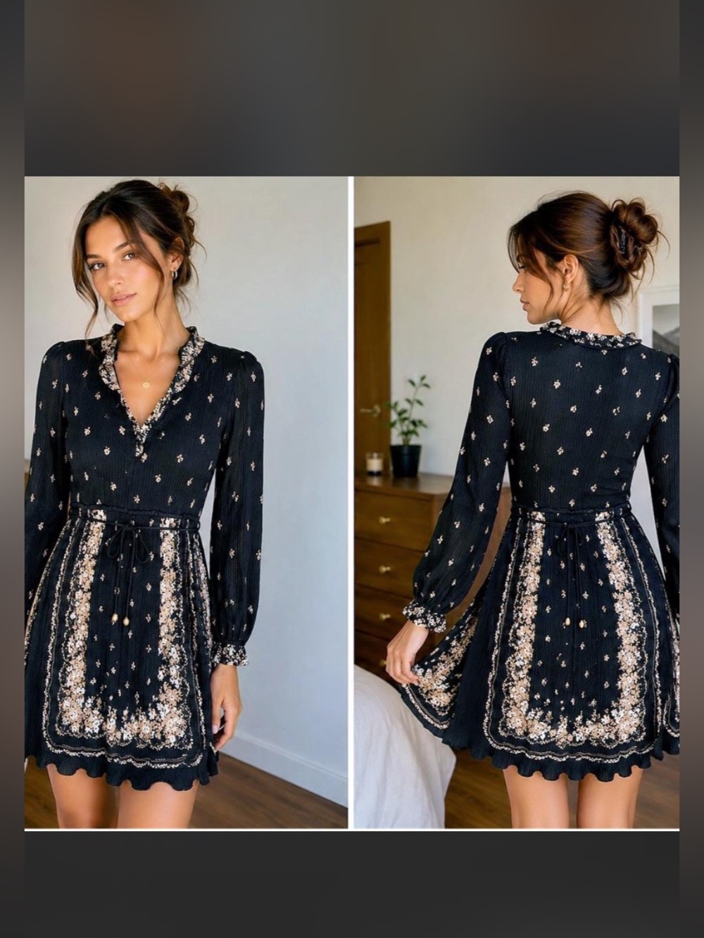 Jo Hanna York Black Floral Boho Mini Dress Long Sleeve Tie Waist